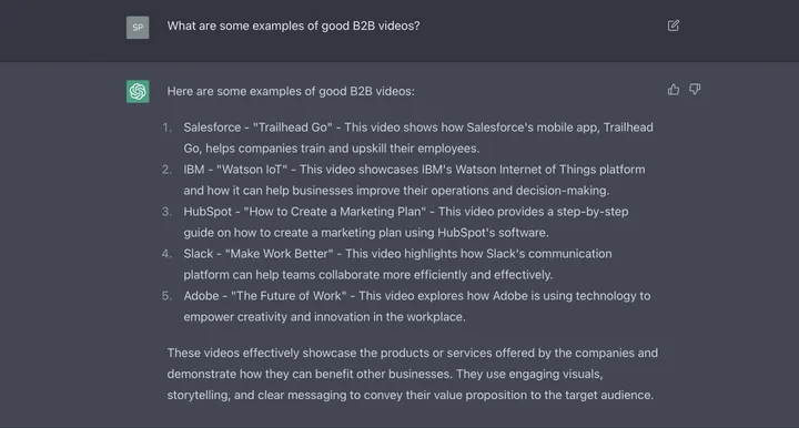 ChatGPT provides examples of B2B videos.
