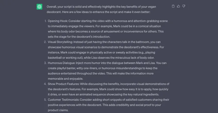 ChatGPT video script prompt response