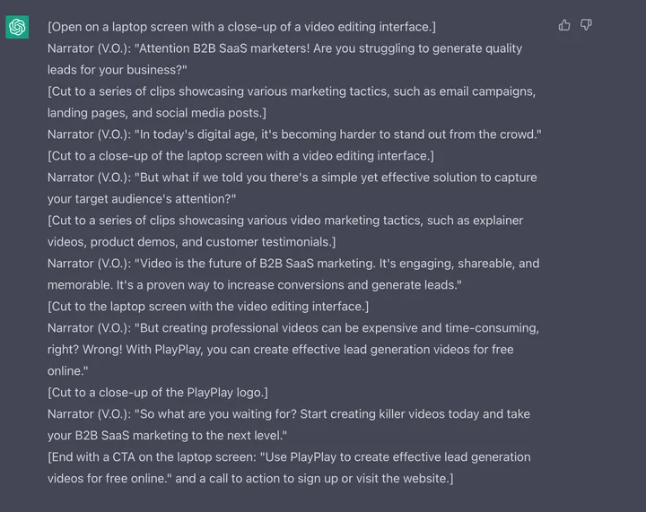 ChatGPT provides a script on why B2B SaaS marketers should use video for lead generation.