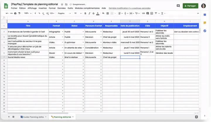 Modèle de planning éditorial PlayPlay.