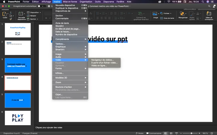 Insérer puis sur l’option Vidéo powerpoint