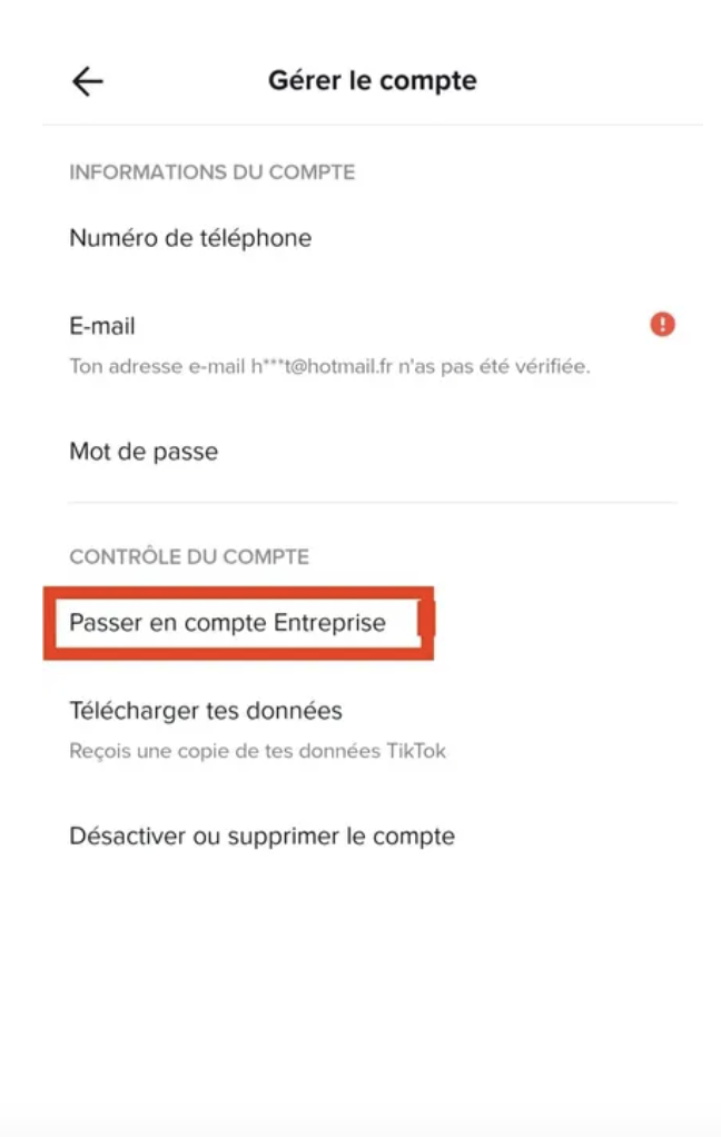 TikTok compte entreprise 