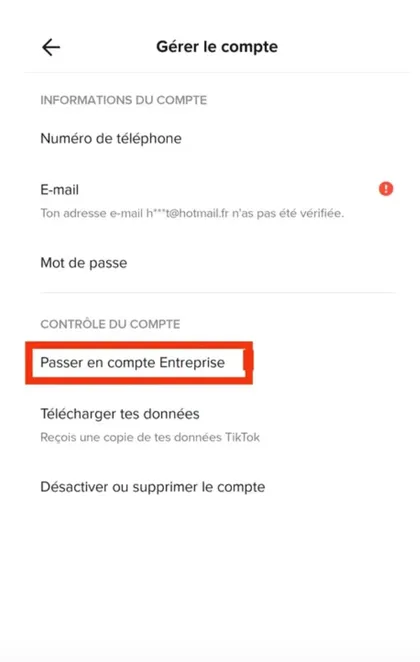 TikTok compte entreprise 