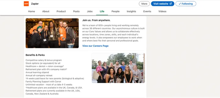 Zapier LinkedIn Life page